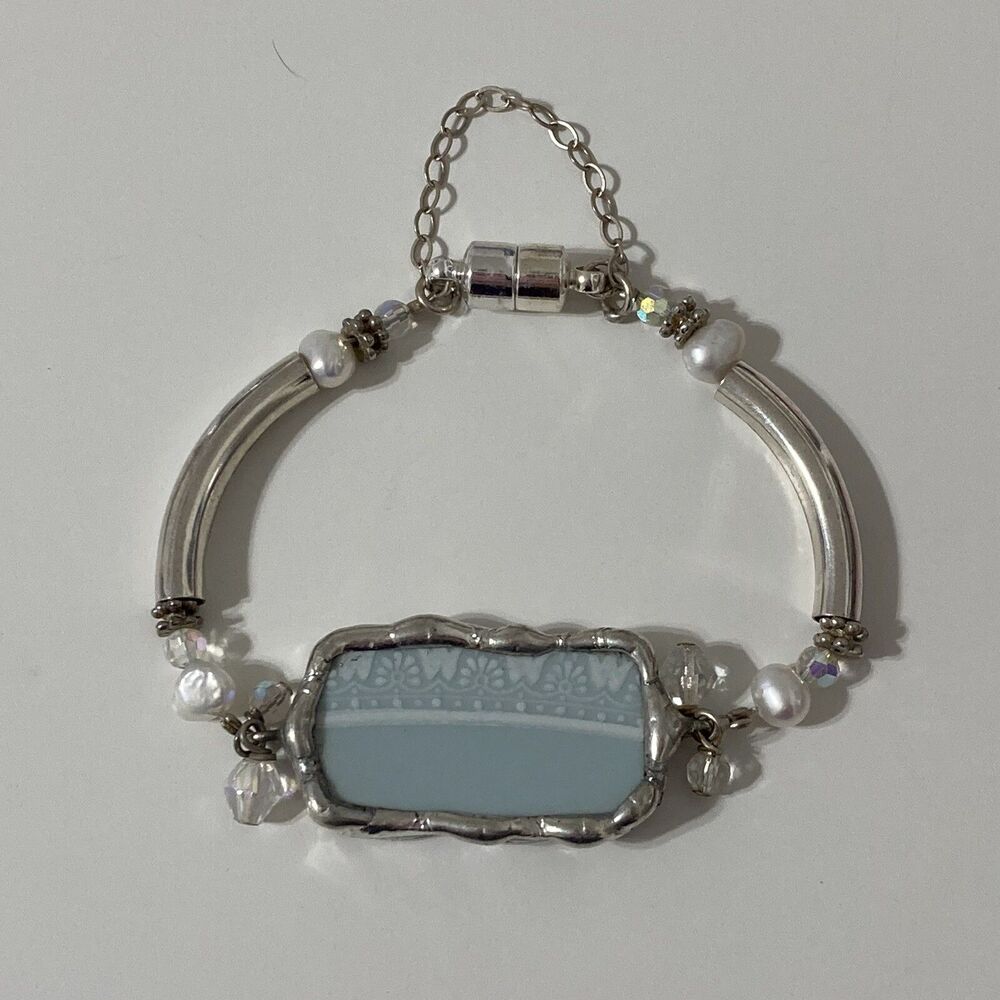 Recycled Blue China Broken Ceramic Piece Bracelet Magnetic Fresh Water Pearl